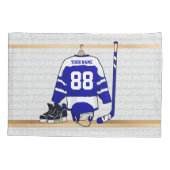 パーソナライズで青および白いアイスホッケージャージー 枕カバー (裏面)