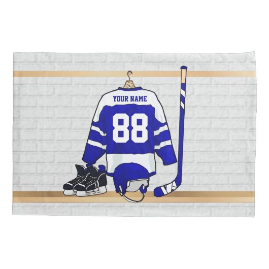 パーソナライズで青および白いアイスホッケージャージー 枕カバー (裏面)