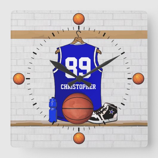 パーソナライズで青および白いバスケットボールジャージー スクエア壁時計 (正面)