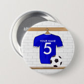 パーソナライズで青く白いフットボールのサッカージャージー 缶バッジ (正面&裏面)