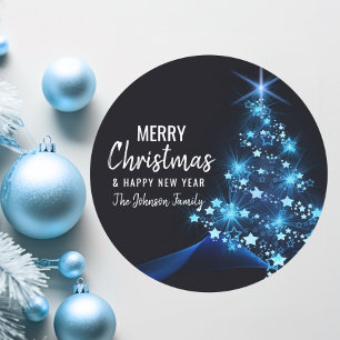 パーソナライズで青く白いメリークリスマスの木 ラウンドシール