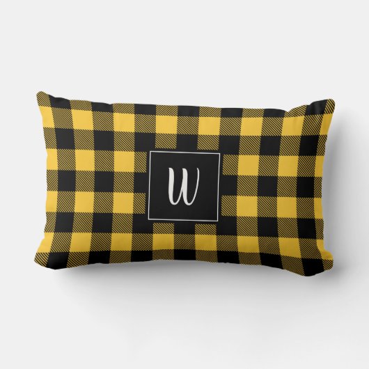 パーソナライズで黄色いバッファローの格子縞の枕モダン ランバークッション (裏面)