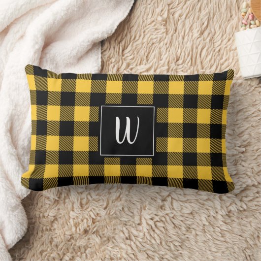 パーソナライズで黄色いバッファローの格子縞の枕モダン ランバークッション (ブランケット)