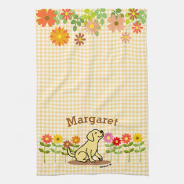 パーソナライズで黄色いラブラドールおよび多くの花 キッチンタオル