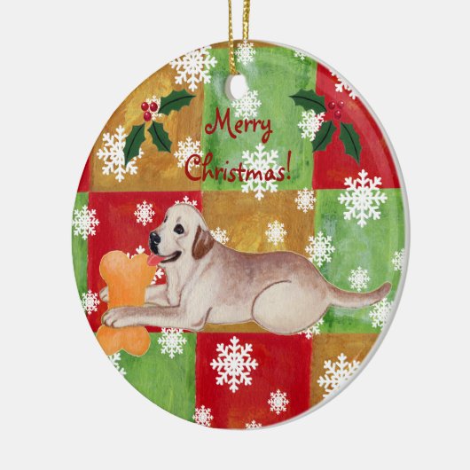 パーソナライズで黄色いラブラドールのクリスマスのモザイク セラミックオーナメント (左)