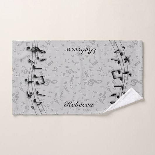 パーソナライズで黒いおよび灰色の音符 バスタオルセット (ハンドタオル)