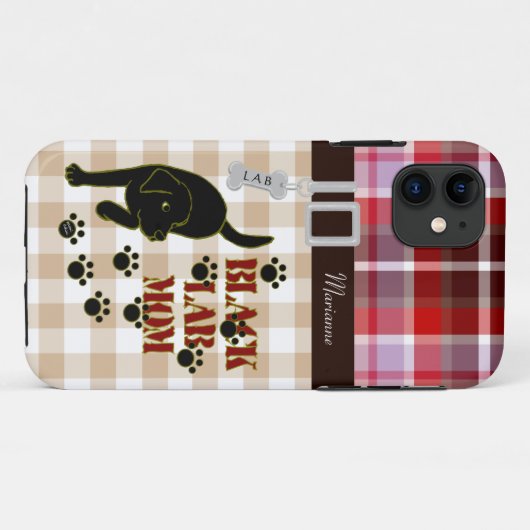 パーソナライズで黒い実験室のお母さんの格子縞及びギンガム Case-Mate iPhoneケース (裏面(横))