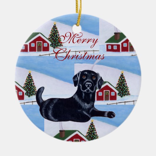 パーソナライズで黒い実験室の子犬のクリスマス セラミックオーナメント (正面)