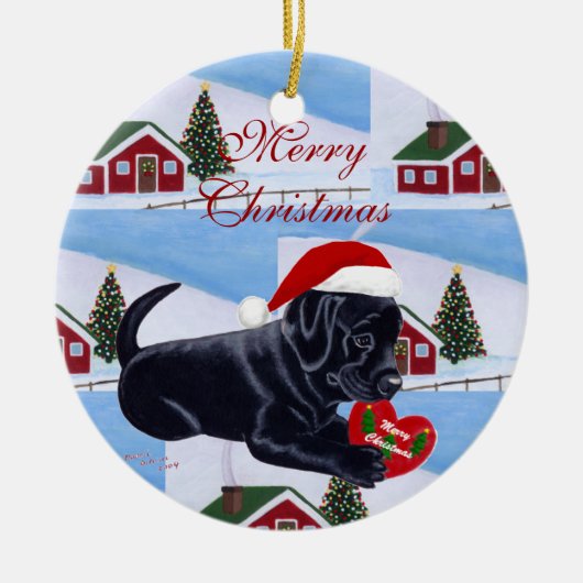 パーソナライズで黒い実験室の子犬のクリスマス セラミックオーナメント (正面)