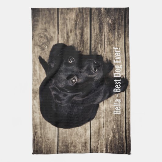 パーソナライズで黒い実験室犬の写真および犬の名前 キッチンタオル (縦)