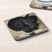パーソナライズで黒い実験室犬の写真および犬の名前 コースター (左側)