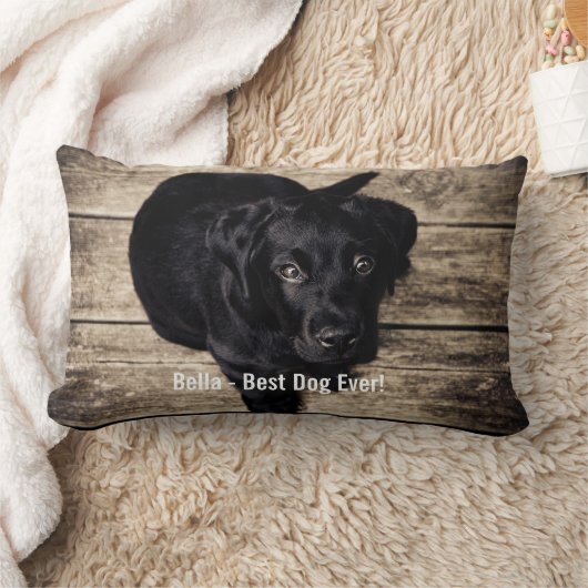 パーソナライズで黒い実験室犬の写真および犬の名前 ランバークッション (ブランケット)