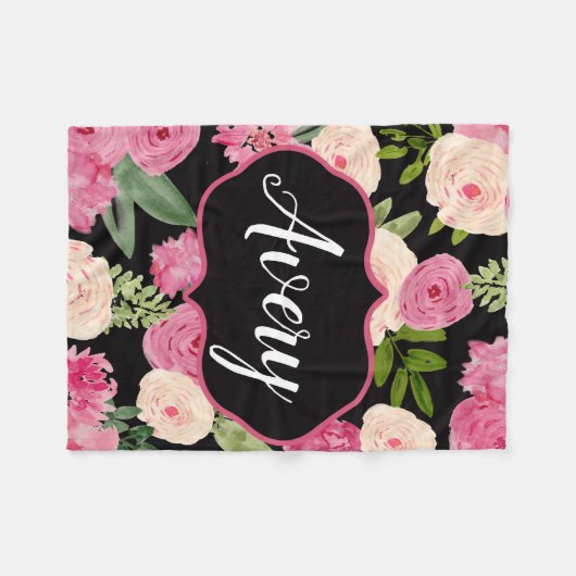 パーソナライズで黒い水彩画によっては毛布が開花します フリースブランケット (正面(横))