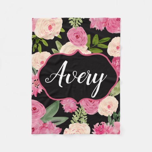 パーソナライズで黒い水彩画によっては毛布が開花します フリースブランケット (正面)