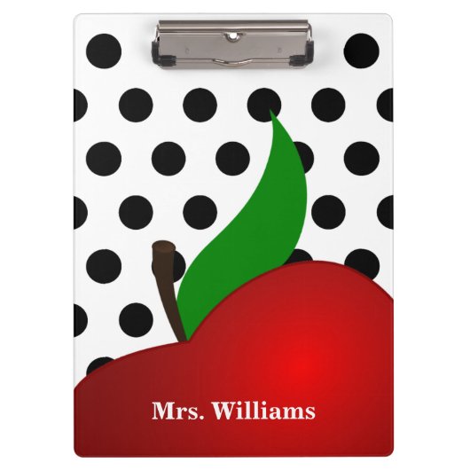 パーソナライズで黒い水玉模様の赤いAppleの先生 クリップボード (正面)