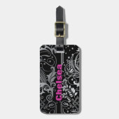 パーソナライズで黒い渦巻の荷物のラベル ラゲッジタグ (正面縦)