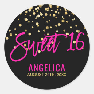 パーソナライズで黒い金ゴールドのショッキングピンクのSweet sixteen 16 ラウンドシール
