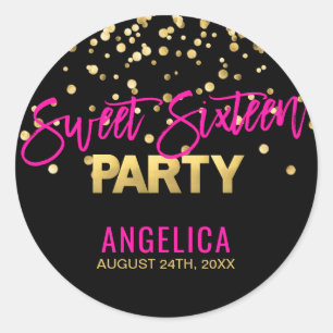 パーソナライズで黒い金ゴールドのショッキングピンクのSweet sixteen 16 ラウンドシール