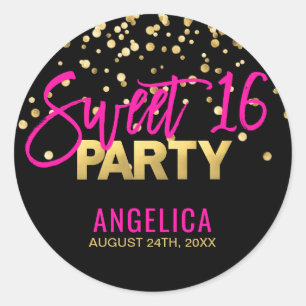 パーソナライズで黒い金ゴールドのショッキングピンクのSweet sixteen 16 ラウンドシール