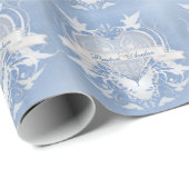 パーソナライズなおとぎ話の結婚式のハート及び鳩 ラッピングペーパー (ロールコーナー)