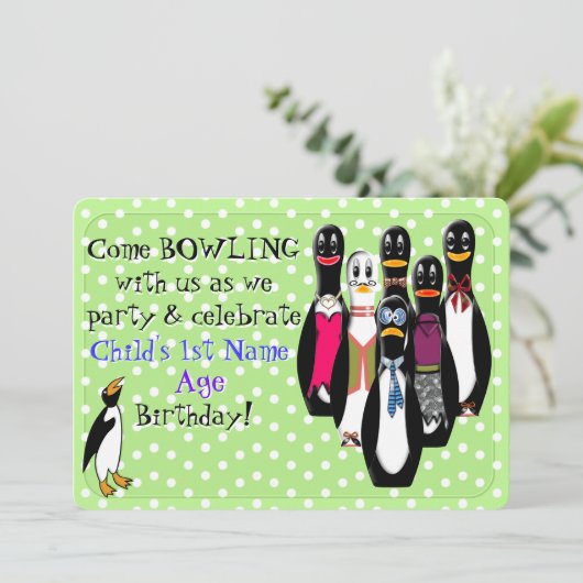 パーソナライズなおもしろいなペンギンのボーリングの誕生会 招待状 (スタンド正面)