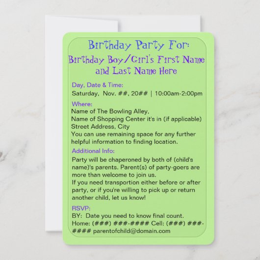 パーソナライズなおもしろいなペンギンのボーリングの誕生会 招待状 (裏面)