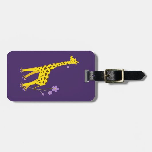 パーソナライズなおもしろいな漫画のキリンのローラースケートで滑る ラゲッジタグ (正面横)