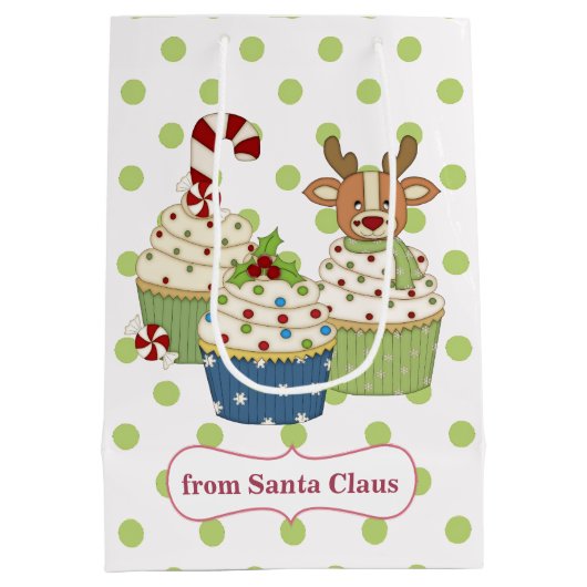 パーソナライズなかわいいクリスマスのカップケーキの水玉模様 ミディアムペーパーバッグ (裏面)