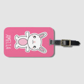 パーソナライズなかわいいチビ（小さくかわいく書いた感じ）のバニーのピンク ラゲッジタグ (正面横)