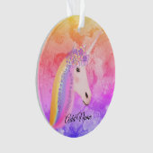 パーソナライズなかわいいユニコーンの虹のカラフルな雲 オーナメント (正面)