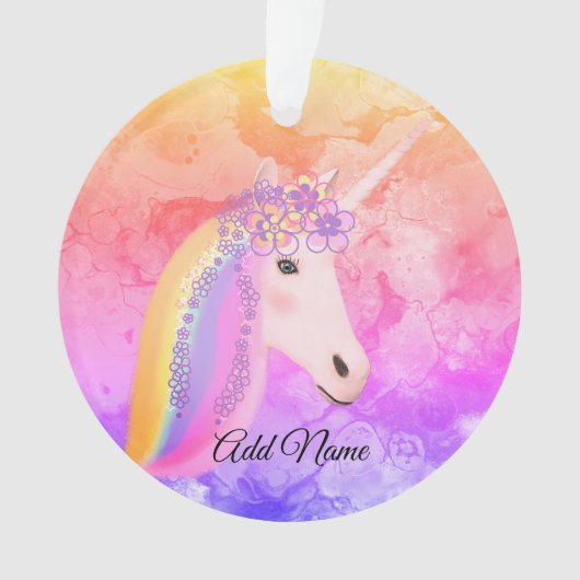 パーソナライズなかわいいユニコーンの虹のカラフルな雲 オーナメント (正面)