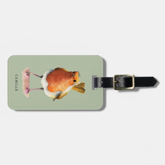 パーソナライズなかわいいロビンの鳥の水彩画のポートレート| ラゲッジタグ (正面横)