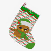パーソナライズなかわいい休日のフクロウパターン ラージクリスマスストッキング (正面 (吊り時))