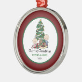 パーソナライズなかわいい双生児の第1クリスマス メタルオーナメント (左)
