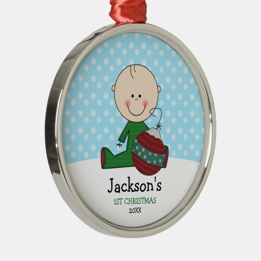 パーソナライズなかわいい男の赤ちゃんの第1クリスマス メタルオーナメント (右)