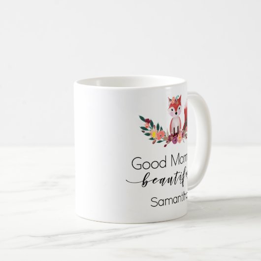 パーソナライズなかわいい花のキツネのおはようの原稿 コーヒーマグカップ (正面右)