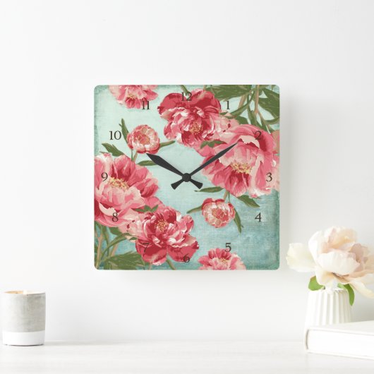 パーソナライズなかわいらしいレトロの花のChintzのシャクヤク スクエア壁時計 (ホーム)
