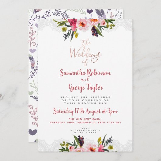 パーソナライズなばら色の金ゴールドの花柄の結婚式招待状 招待状 (正面/裏面)