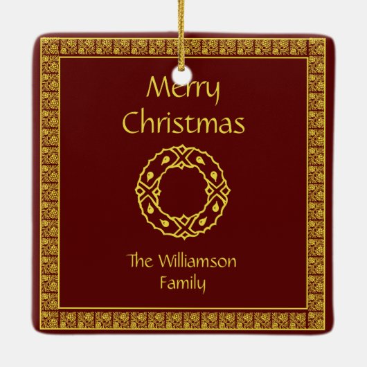 パーソナライズなアールヌーボーの赤のクリスマス セラミックオーナメント (裏面)