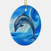パーソナライズなイルカは|の青の海洋波を飾ります セラミックオーナメント (右)