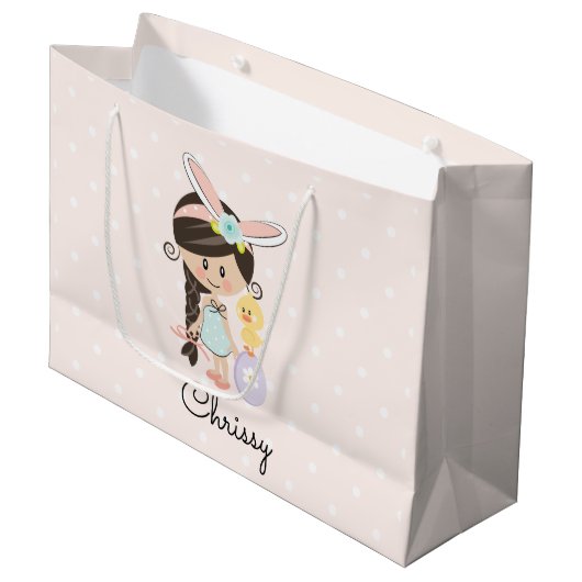パーソナライズなイースターギフトバッグのバニーの耳の女の子のアジア人 ラージペーパーバッグ (正面アングル)
