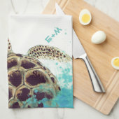 パーソナライズなウミガメ愛モノグラム キッチンタオル (四つ折り)