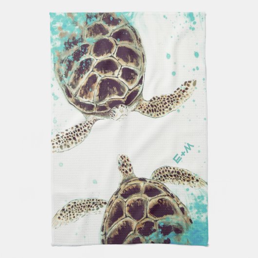 パーソナライズなウミガメ愛モノグラム キッチンタオル (縦)