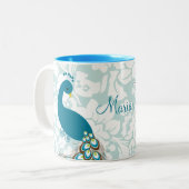 パーソナライズなエレガントでモダンなダマスク織の孔雀 ツートーンマグカップ (正面左)