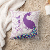 パーソナライズなエレガントでモダンなダマスク織の紫色の孔雀 クッション (ブランケット)