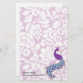 パーソナライズなエレガントでモダンなダマスク織の紫色の孔雀 便箋 (正面/裏面)