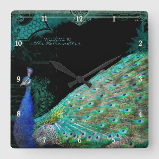 パーソナライズなエレガントな孔雀wのヴィンテージスクロール スクエア壁時計 (正面)