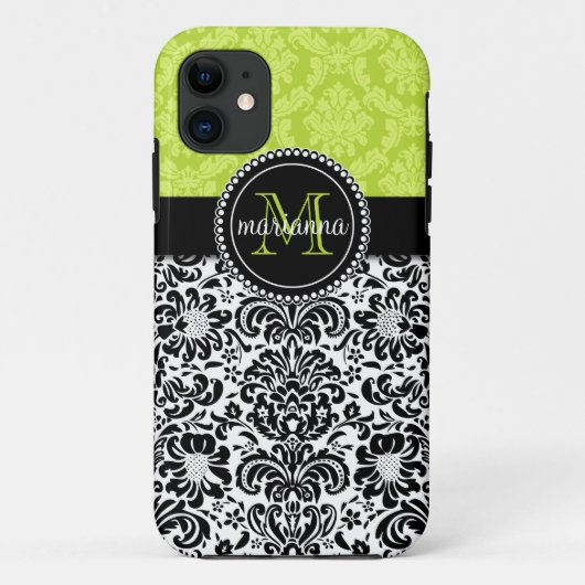 パーソナライズなエレガントな緑の黒いダマスク織 Case-Mate iPhoneケース (裏面)
