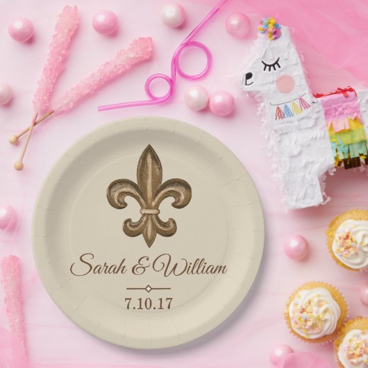 パーソナライズなエレガントな金ゴールドの（紋章の）フラ・ダ・リ及び暗灰色| ペーパープレート (パーティー)