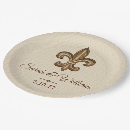 パーソナライズなエレガントな金ゴールドの（紋章の）フラ・ダ・リ及び暗灰色| ペーパープレート (アングル)